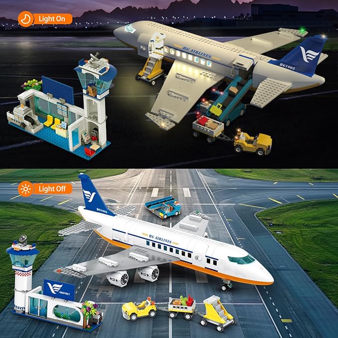 HOGOKIDS City Passenger Airplane Building Set with LED Light, 901 PCS Plane Building Blocks with Airport Terminal, Radar Tower, Luggage Trailer, Planes Model Toys Gifts for Adults Boys Girls Age 6-12+