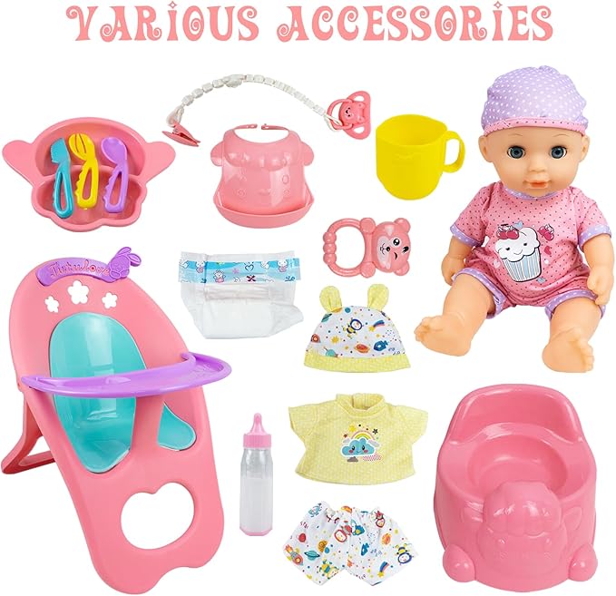RedCrab Baby Doll Toys Set, Newborn Dolls PlaySet with High Chair Stroller Feeding,Tableware Set and Doll Clothes Accessories, 15+ pcs Toddler Pretend Play Gift Toys for Girls - 12" Dolls