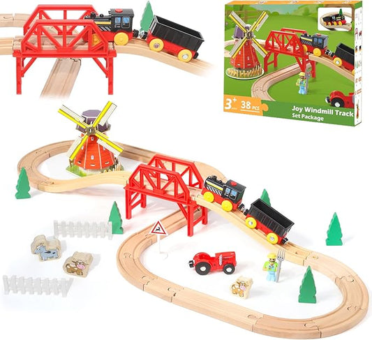 Wdmiya Wooden Train Set for Toddlers, 38 Pcs Wooden Train Track for Kids, Train Toy with Bridge and Tracks (Fits Thomas & Brio), Christmas Birthday Trains Gift for 2 3 4 5 6 7 8 Years Old (Pinwheel)