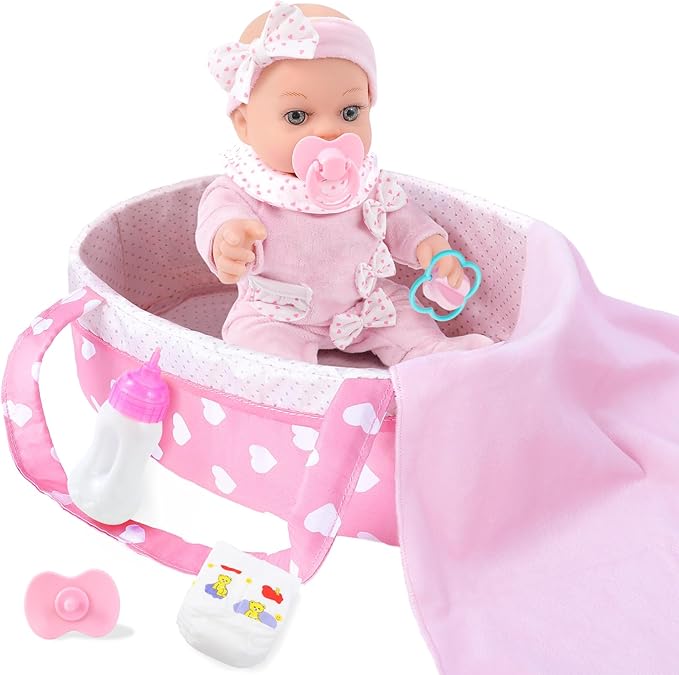 12 Inch Baby Doll Playset with Dolls Clothes and Accessories First Baby Dolls for Toddlers 3 Years and Up Includes Bassinet Bed, Blanket, Bottles, Nipple, Diaper, Toys