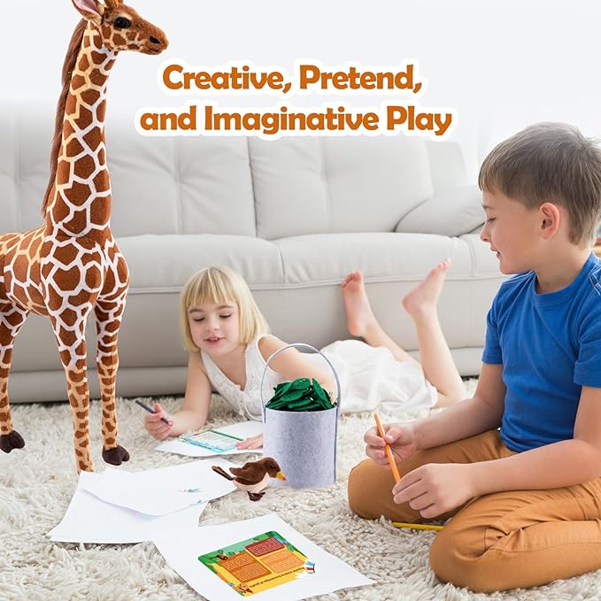 Giant Stuffed Giraffe Animal Set, 47 Inch Large Giraffe Plush Toy for Kids with Bird & Basket & Leaves & Card, Toddler Lifelike Standing Toys Stuffed Animal Gift for Girls Boys