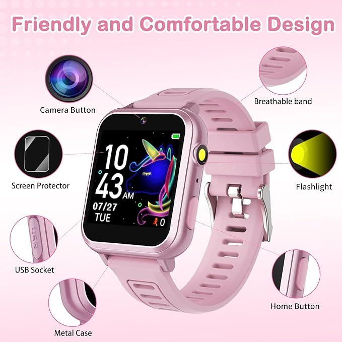Cosjoype Smart Watch for Kids Age 4-12, 36 Puzzle Games Touchscreen Girls Watch with Video Camera Music Player Pedometer Flashlight, Kids Toys Christmas Birthday Gifts for Kids Age 5 6 7 8