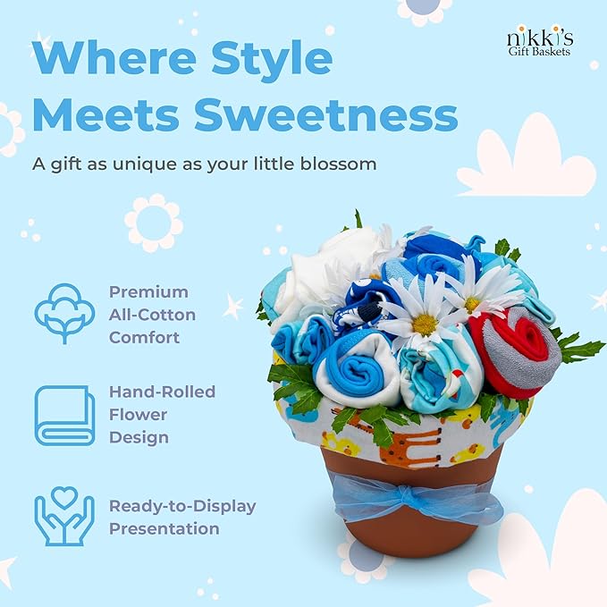 Baby Boy Clothing Flower Bouquet | Newborn Baby Boy Gift Basket with Baby Clothing Arranged Like Celebration Flowers, Creative Unique Blue Baby Set for Expecting Moms, Includes Spaceship Clothing Set