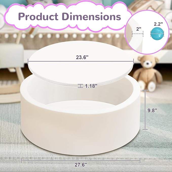 Baby Ball Pit 27.6" Soft Round Memory Foam Ball Pits NOT Included Balls Indoor Outdoor Playpen for Babies Toddlers Kids Great Gift for Girls Boys, White