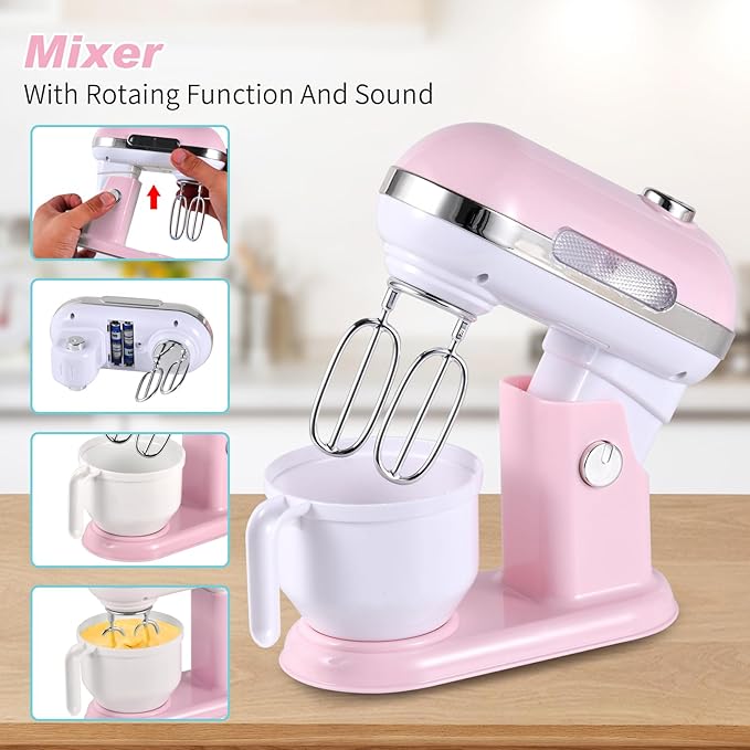 Play Kitchen Toys Kids Accessories Pretend Play Appliances Toy Set with Coffee Maker, Mixer, Toaster for Kids Toddler Kitchen Playset Ages 4-8 Girls (Pink)