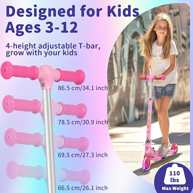 BELEEV V3 Scooter for Kids with Light-Up Wheels & Stem & Deck, 2 Wheel Folding Scooter for Girls Boys, 4 Adjustable Height, Lightweight Kick Scooter with Handy Kickstand for Children Ages 3-12