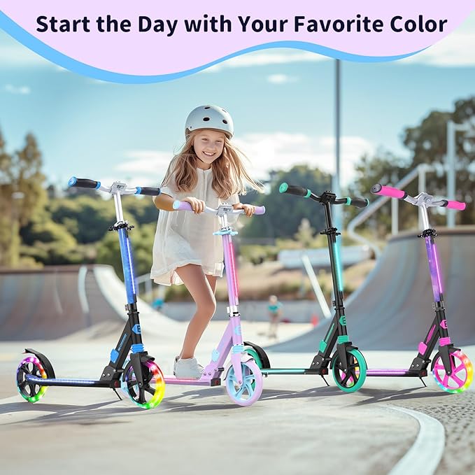 BELEEV V8 Scooters for Kids Ages 6+ with Light-Up Deck, 2 Wheel Folding Scooter for Adults Teens, 4 Adjustable Height, Lightweight Sport Commuter Scooter, Sturdy Frame, Max Load 220 lbs