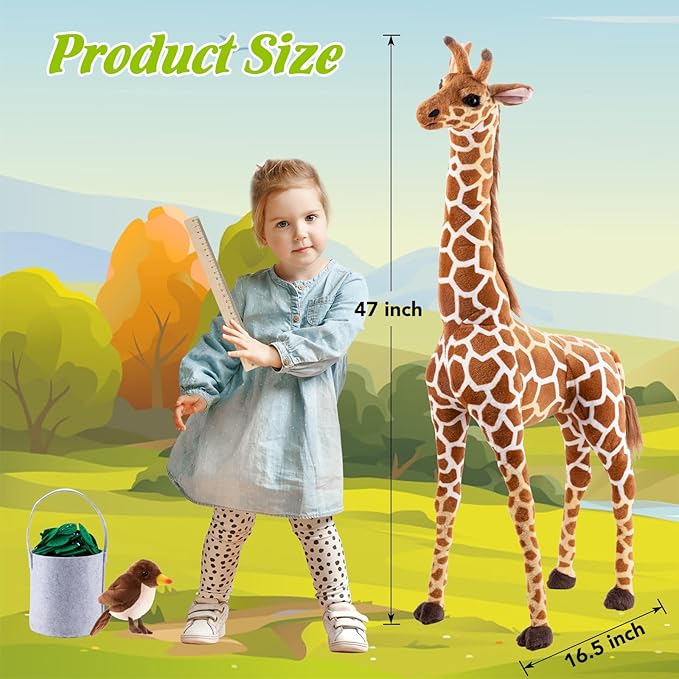 Giant Stuffed Giraffe Animal Set, 47 Inch Large Giraffe Plush Toy for Kids with Bird & Basket & Leaves & Card, Toddler Lifelike Standing Toys Stuffed Animal Gift for Girls Boys