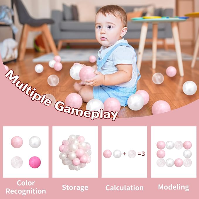Ball Pit Balls 100 Phthalate Free BPA Free Crush Proof 2.16 Inches Plastic Balls for Ball Pit Ideal Gift for Toddlers Babies Kids Pool Water Toys Play Tent, Pearl White, Pearl Pink, Clear