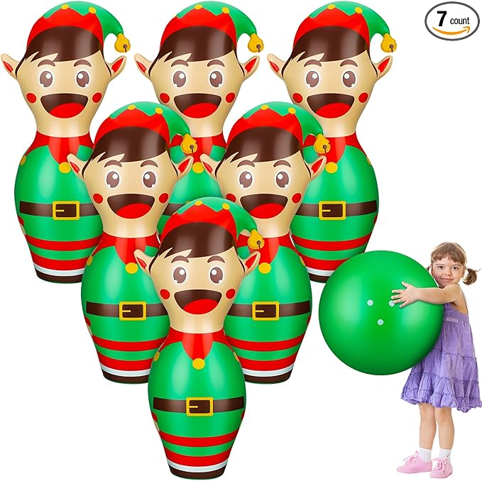 Wettarn 7 Pcs 27 in Giant Christmas Inflatable Bowling Set Elf Inflatable Games for Kids Adult Christmas Party Games Holiday Carnival Family Indoor Outdoor Garden Backyard Lawn Fun Xmas Decor
