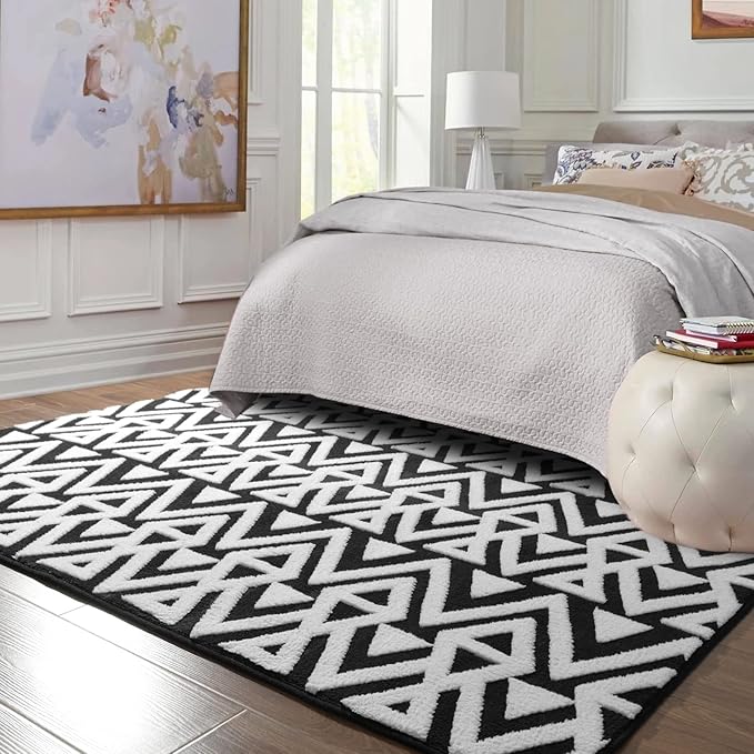 Ompaa Ultra Soft Geometric Bedroom Rugs Memory Foam Carpet, Black 6 x 9 Feet, Cozy Area Rugs for Living Room Couch Dorm Bedside Kids Girls Teens Room Nursery Decor Floor Mat