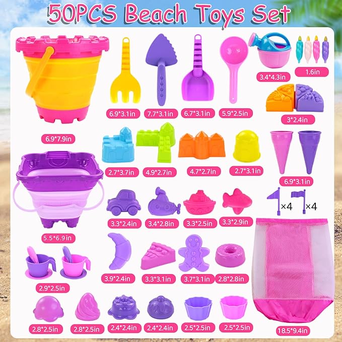 Beach Sand Toys, 50Pcs Sandbox Toys with 2 Collapsible Buckets, Mesh Backpack Bag, Shovels, Ice Cream, Cake & Castle Sand Molds, Summer Outdoor Travel Toys for Kids Toddlers Girls