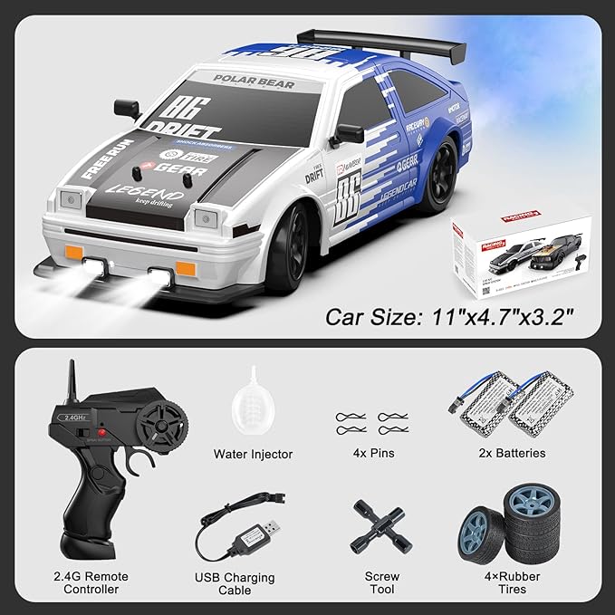RC Drift Car Remote Control Toy Rally Sport Car 1:16 4WD 18KM/H High Speed Model Vehicle 2.4GHz 2 * 7.4V 500mAh with LED Lights Spray Rubber Tire Off-Road Vehicle Truck Hobby Toys Adults & Kids