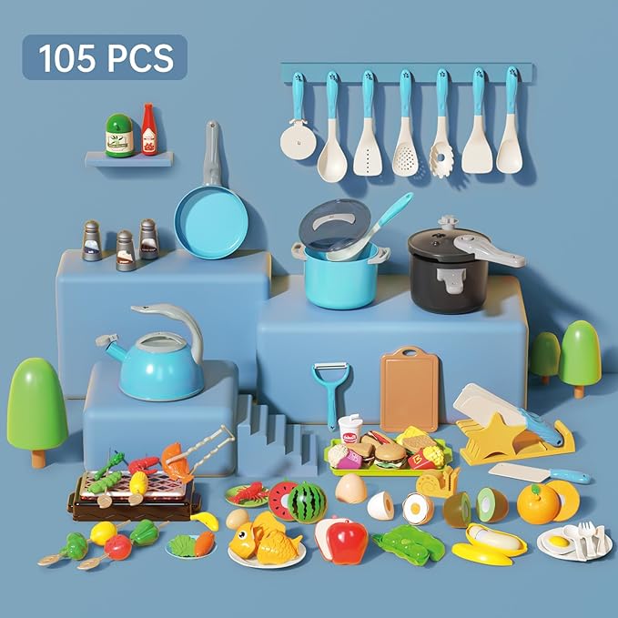 105Pcs Kids Kitchen Toy Accessories, Toddler Pretend BBQ Camping Cooking Playset, Play Pots, Pans, Utensils Cookware Toys, Play Food Set, Vegetables, Learning Gift for Girls Boys (Turquoise)