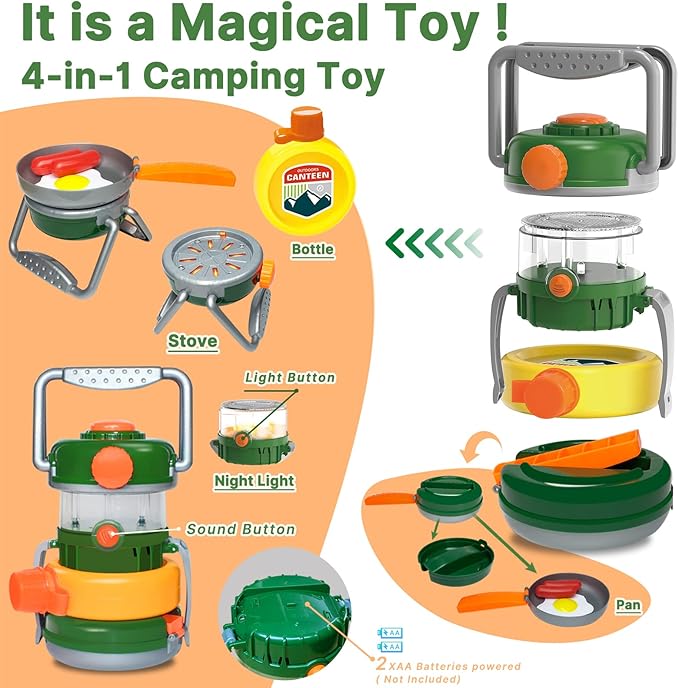 MITCIEN Kids Play Tent with Campfire, Toddlers Camping Set, Oil Lantern with Sound, Cut Up Fruits, Marshmallow, Skewers, Pretend Camping Toys for 3 4 5 6+ Year Old Boys and Girls