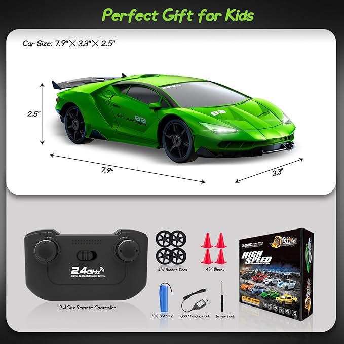 Remote Control Car RC Cars Toys for Boys, 1/24 2.4GHz 4WD RC Drift Car Racing Drift Hobby Racing Car Toys with Light Rechargeable Battery and Drift Tires Xmas Toys for Kids Green