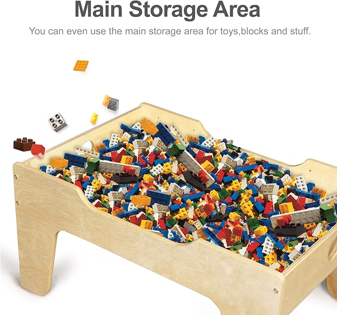 Kid's Multi-Purpose Activity Play Table with 60 Big Building Bricks and 30-Piece Wooden Train Set for Toddlers(Big-peg Baseplate Version)