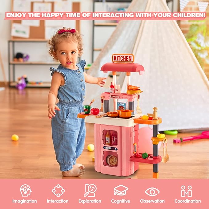 3-in-1 Kids & Toddler Play Kitchen - Interactive Kitchen Playset with Real Cooking Sounds & Lights, 50 Accessories & Flowing Water Feature, Portable Travel Suitcase Design Learning Toys for Ages 2-6