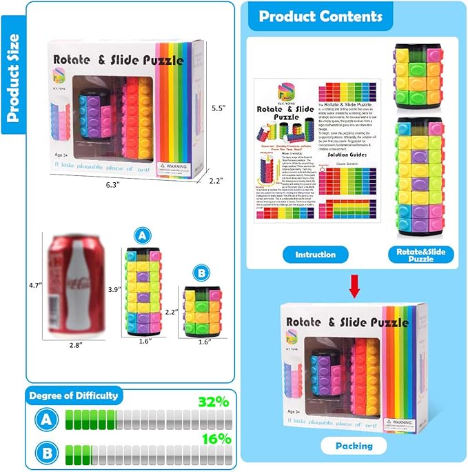 R.Y.TOYS Rotate and Slide Puzzle-Design Patent,Fidget Toys(Restore Order/Create Patterns) 8 Colors,4 and 8 Layers-Detach Piece for Quick Play,Brain Teaser,Sensory Toys Gifts,Easter Basket Stuffers