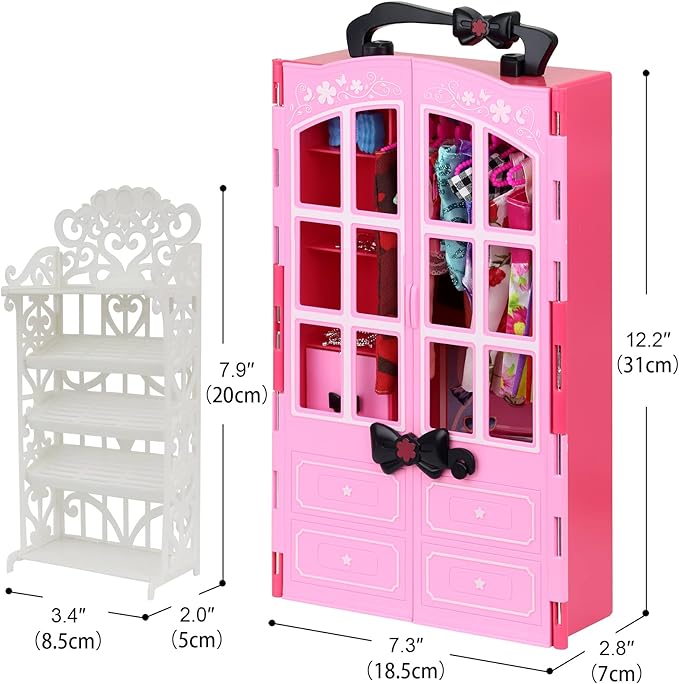 Ecore Fun 120 Pcs Fashion Doll Closet Wardrobe for Doll Clothes and Accessories Storage Include Clothes, Dresses, Shoes, Shoes Rack, Bags, Necklace, Hangers for 11.5 Inch Girl Doll Clothes