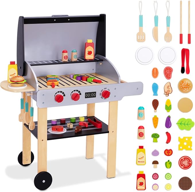 Wooden Play Barbecue Toy Grill, Kids Grill Playset with Toy Food and Grilling Tools, Play Kitchen Accessories for Toddlers Boys Girls Age 3+