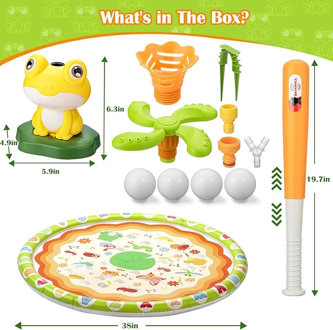 Water Sprinkler Baseball Toy for Kids with Splash Pad Outdoor Toddler Toys Kids with 2 Sprinkler Heads 360° Rotating Spray Water Baseball, Toddler Summer Activities for 3-8 Years Old Boys & Girls