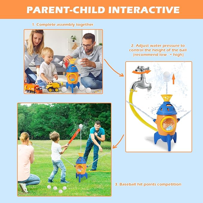 Rocket Water Sprinkler Baseball Toy, EKKBHKI 360° Rotating Water Toys for Kids Ages 4-8, Summer Water Toys for Boys and Girls, Kids Sprinkler for Yard & Lawn & Pool Party Game