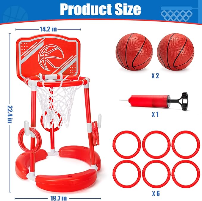 Pool Basketball Hoop, 2-in-1 Poolside Floating Pool Basketball Game, Swimming Pool Games for Kids Adults Indoor Outdoor Play, Water Play Toy Family Party, includes Hoop, Balls, Pump, Backboard, Red