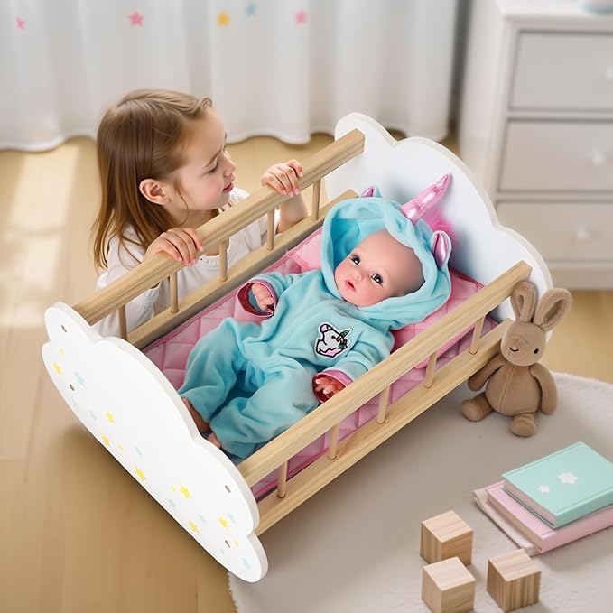 BABESIDE Wooden Baby Dolls Bed for 12-16 Inches Doll, Rocking Babys Doll Crib, Sleep Bed, Baby Dolls Accessories Furniture fit Newborn Dolls Boys&Girls