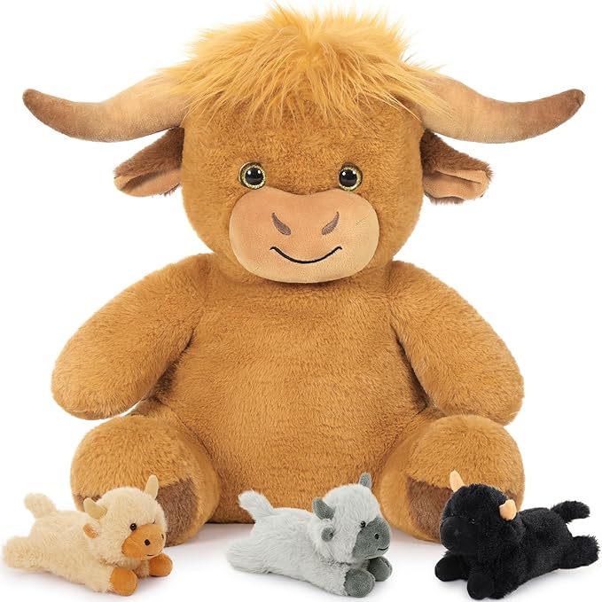 MorisMos Highland Cow Stuffed Animal Mommy with 3 Babies, 18" Scottish Cow Plush Toy Realistic Cattle Plushie Doll Home Farm Decor Gift for Kids Boys Girls