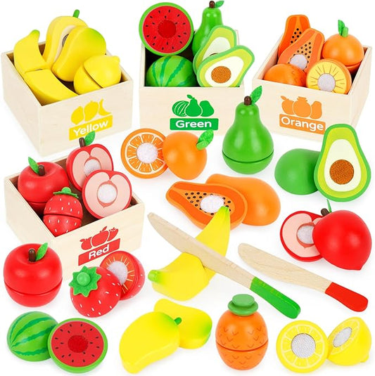 Wooden Play Food Set Toys for Toddlers 1-3, Kids Toy Play Kitchen Accessories, Velcro Cutting Fruits Pretend Food with Storage Boxes, Christmas Birthday Gifts for 1 2 3 Year Old Baby Boys Girls