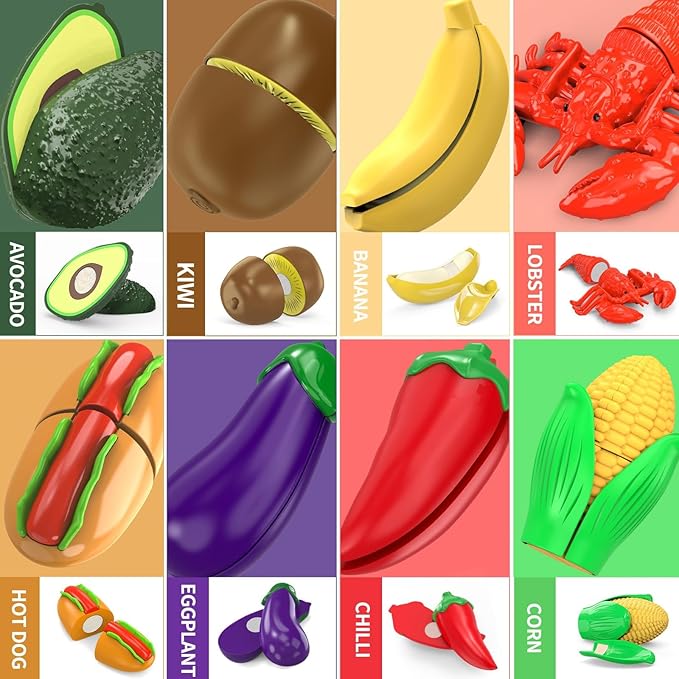 120 Pcs Cutting Play Food Toy for Multiple Kids with 2 Colors Storage Baskets, Kitchen Pretend Food Set for Toddler, Kitchen Toys Accessories, Fake Food/Fruit/Vegetable, Birthday Gifts for Boy Girl