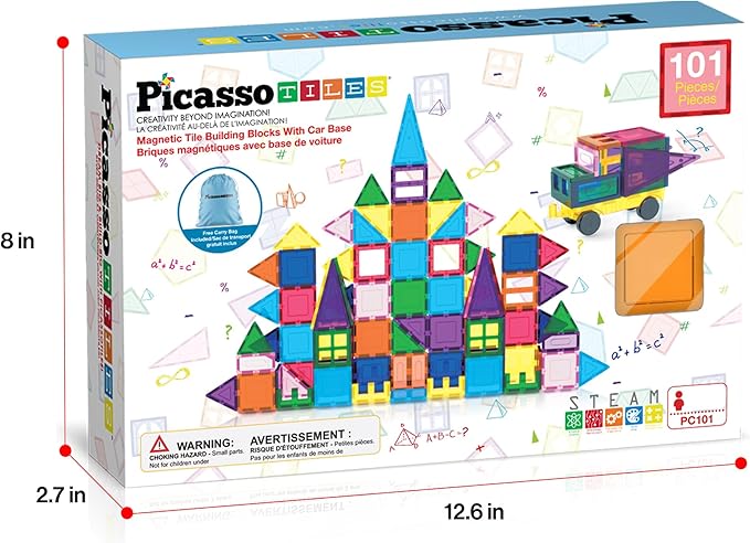PicassoTiles 101pc Magnetic Tile Building Blocks with Car Base Drawstring Carry Toy Storage Bag Magnetized Block for Kids Magnet ToySet Educational STEM Learning Child Brain Development Ages 3+ PC101