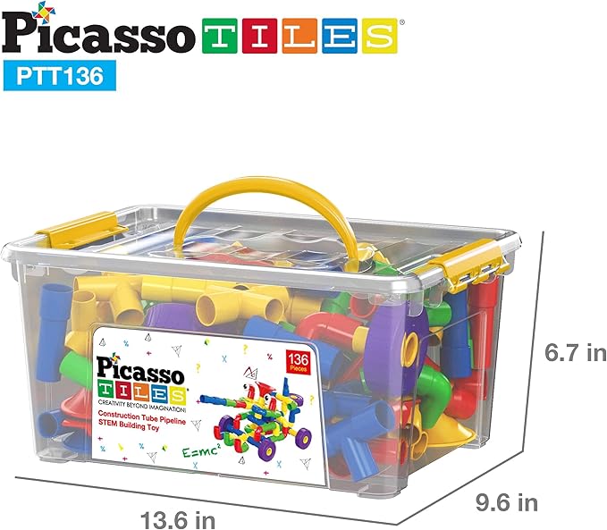 PicassoTiles PTT136 136pcs Tubular Pipes & Spout STEAM Interlocking Educational Building Block Set, Tube Locks, Pipeworks Construction Blocks w/Storage Container Box, Idea Book, Flute Musical Kit