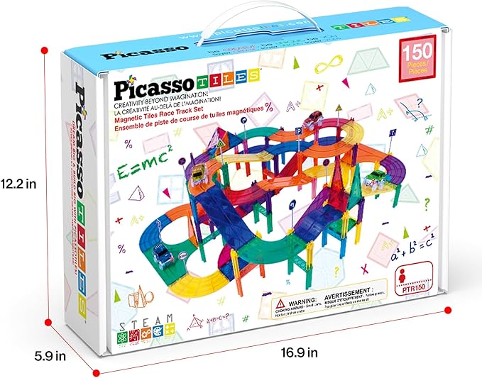 PicassoTiles 150 Piece Race Car Track Building Block Educational Toy Set Magnet Tile Magnetic Blocks Playset 4 Cars Early STEM Learning Construction Kit Hand-Eye Fine Motor Skill Brain Training PTR150