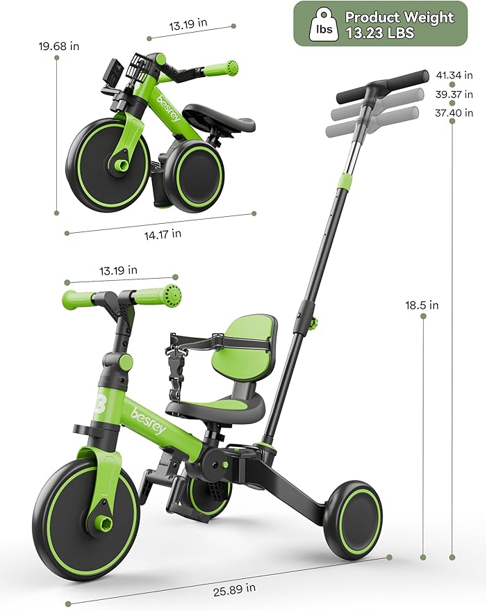 besrey 5 in 1 Toddler Bike, Toddler Tricycle for 1-3 Year Old, Trike with Push Handle, Backrest and Safety Belt, Birthday Gifts and Toys for Boys and Girls, Balance Bike