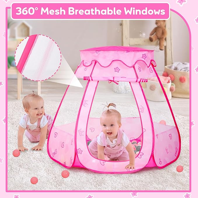 Baby Ball Pit for Toddler with 50 Balls, Kids Pop Up Play Tent for Girls, Princess Toys for Children Indoor Outdoor Playhouse with Carry Bag