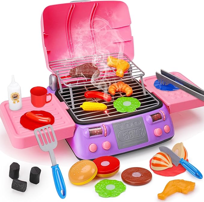 Kids BBQ Grill Playset Kitchen Toy Set with Pretend Smoke Sound Light Toddler Girls Pink Play Food Ages 2-4 3-5 4-8 Indoor Outdoor Cooking Barbecue Toys for 2 3 4 Year Old Girl Birthday Gift