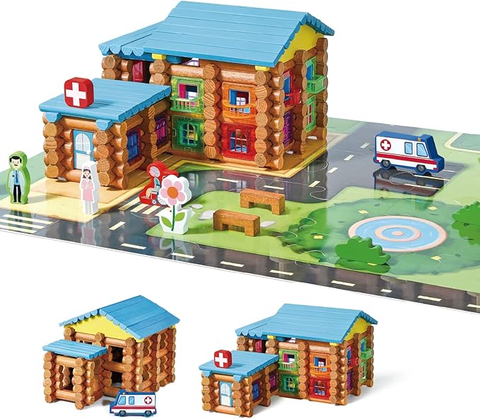 Wondertoys 239 Pieces Real Wood Logs Set Ages 3+, Classic Building Log Gift Set for Boys/Girls– Creative Construction Engineering - Top Blocks Game Kit - Preschool Education Toy