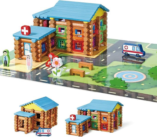 Wondertoys 239 Pieces Real Wood Logs Set Ages 3+, Classic Building Log Gift Set for Boys/Girls– Creative Construction Engineering - Top Blocks Game Kit - Preschool Education Toy