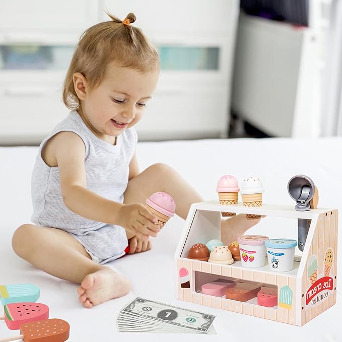 Wooden Ice Cream Toys for Kids Toddler,Ice Cream Counter Shop Pretend Play Toy Food Kitchen Accessories,Play Food Scoop and Serve, Play Kitchen Sets for Kids,Christmas Birthday Gift for Girls Boys