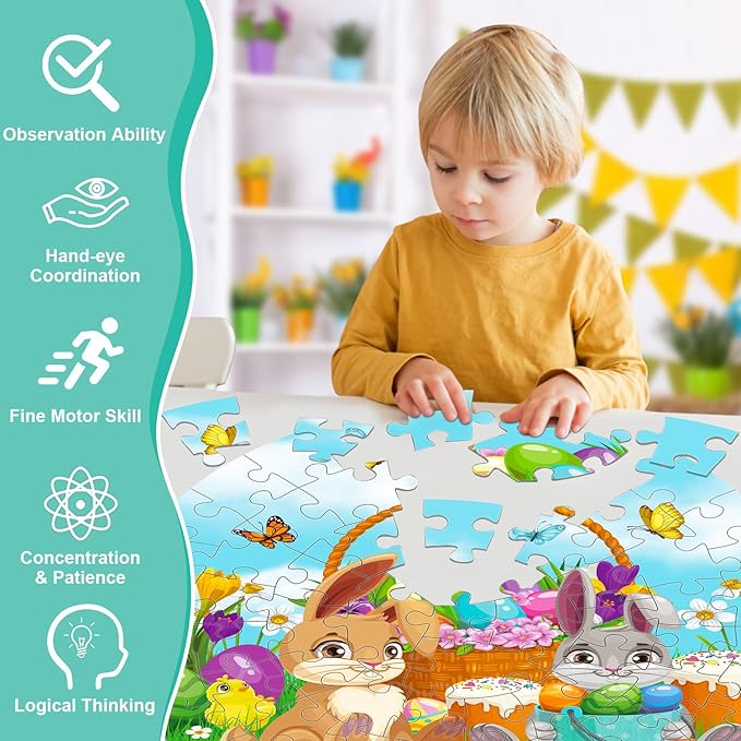 70pcs Easter Floor Puzzles for Kids Age 3-8, Easter Basket Stuffer Gifts for Kids Boy Girls Jumbo Bunny Puzzles Egg Hunt Party Favors