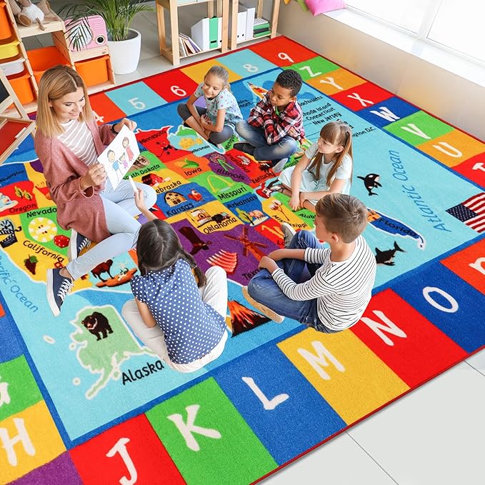 Classroom Carpets Kid Rug,13.3'ร7.7' USA Map Classroom Rug for Kindergarten Primary School, Preschool Mat for Classroom Learning Area Nylon Non-Slip Latex Backing 157"ร91"