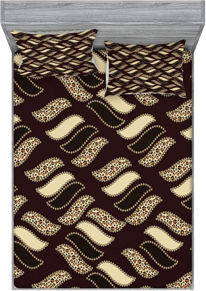 Ambesonne Brown Fitted Sheet & Pillow Sham Set, Ethnic African Style Cheetah Skin Texture Pattern Camouflage Design, Decorative Printed 3 Piece Bedding Decor Set, Calking, Redwood Brown