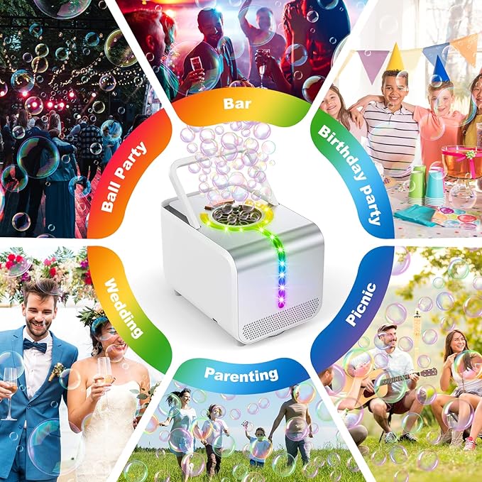 Bubble Machine - Durable Automatic Bubble Blower with LED Lights, Waterproof Motor Over 20,000 Bubbles/Minute, Perfect for Kids' Parties Indoor & Outdoor Fun - Plugin or Battery Powered - Sleek Silver