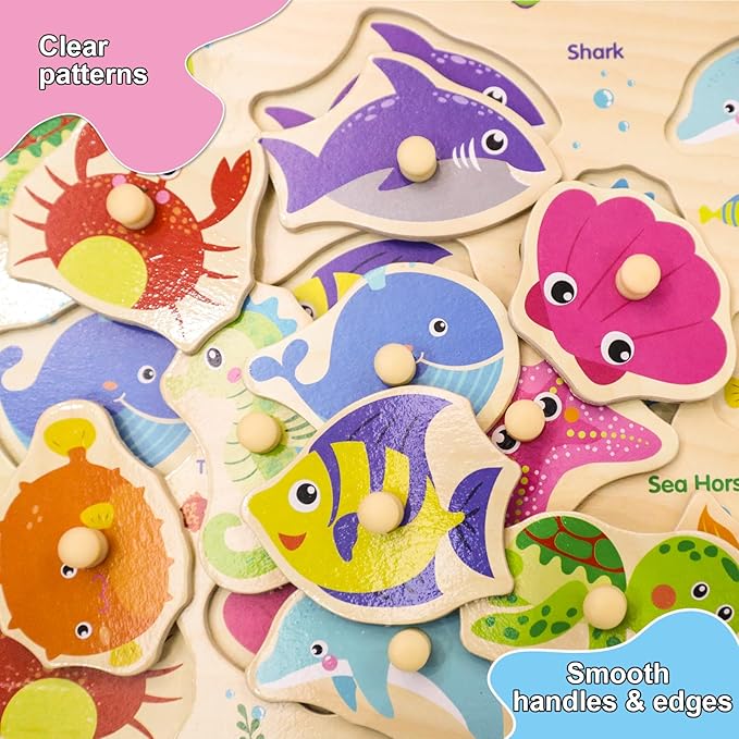 6PCS Toddler Wooden Peg Puzzle Toys for Age 2-4 3-5 Year Old Boys Girls,Educational Learning Sensory Toy,Puzzles for Toddlers Kids,Dinosaur&Ocean&Alphabet&Number Shape&Animal&Fruit Puzzles