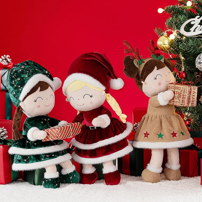 Gloveleya Soft Plush Doll Christmas Girl Dolls with Green Dress, Gift Box & Free Card - Perfect Holiday or Birthday Gift for Toddlers 2-8 Ages, 16"