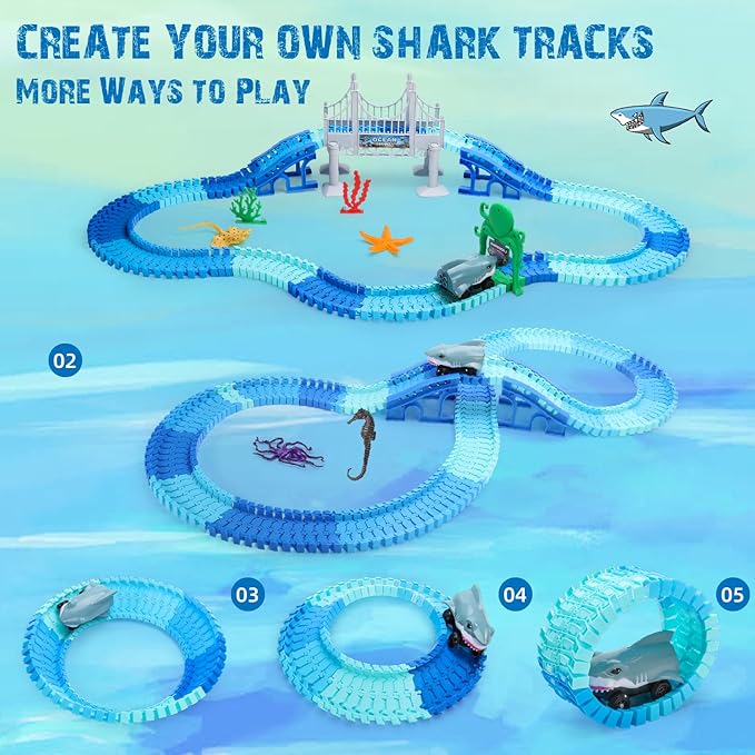 Shark Toys, Train Set 264 Pcs Shark Race Car for Boys Girls 3 4 5 6 7 Year, Bendable Flexible Racetrack Cars with Ball, Ocean Theme Track Toys, STEM Educational Playset, Birthday Gift for Boys Girls