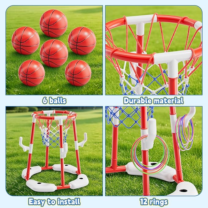 Pool Basketball Hoop, Floating Game with 6 Balls & Pump, Kids Pool Toys for Outdoor Summer Fun, Adjustable Height for Ages 4-8-12, Family Swimming Pool Accessory(red)