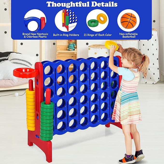 Costzon Giant 4-in-A-Row, Jumbo 4-to-Score Giant Game w/Basketball Hoop, Ring Toss, Quick-Release Slider, 42 Jumbo Rings, Indoor Outdoor Family Connect Game for Kids & Adults, Backyard Games, Red